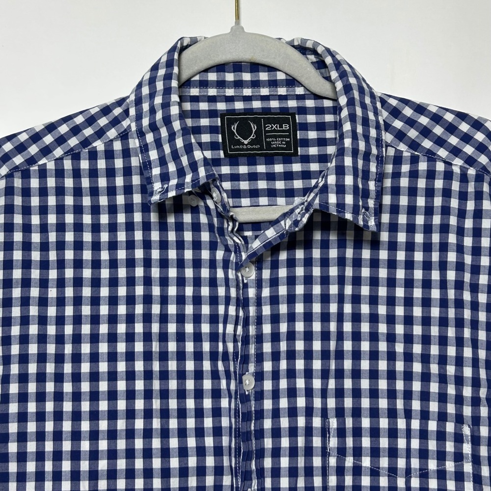 Luke & Dutch Button Down Shirt Mens 2XLB Blue Gingham Long Sleeve Cotton